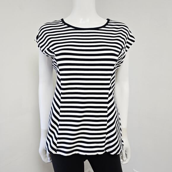 CAbi Knit Top Size M Illusion Black White Stripe Short Sleeve French Terry #6337 - Picture 1 of 8
